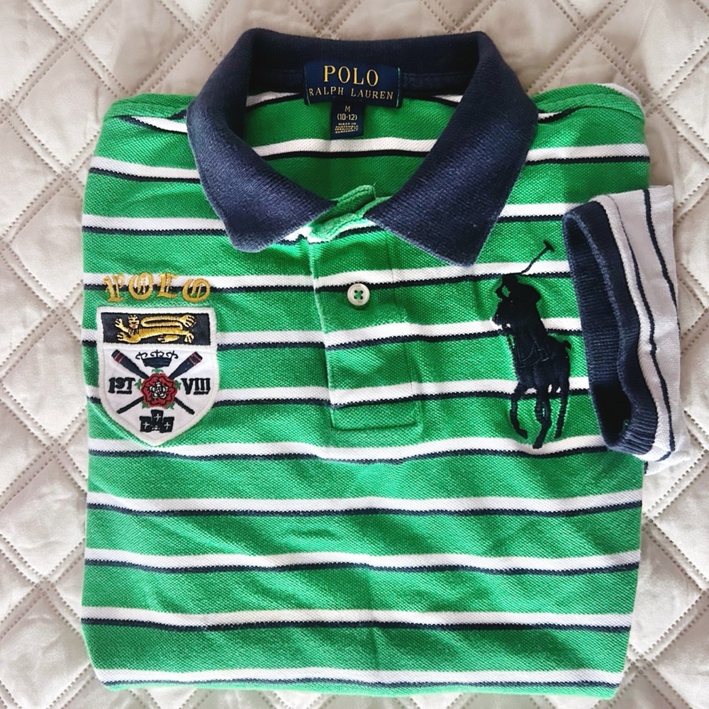 Kids Polo Ralph Lauren Color Block Crest Patch Big Pony Logo Polo Shirt 10/12